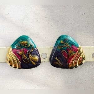 VTG 80’s Multi Colored Modernist gold tone Chunky Retro Clip on Earrings 1"